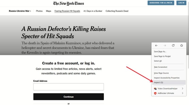 Selecting Inspect after right-clicking in Firefox browser.