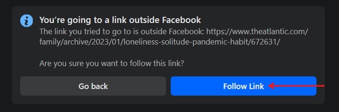 Clicking on "Follow Link" button to visit page as if coming from Facebook.