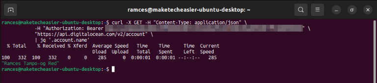 A terminal showing a sample API access for Digitalocean to jq.