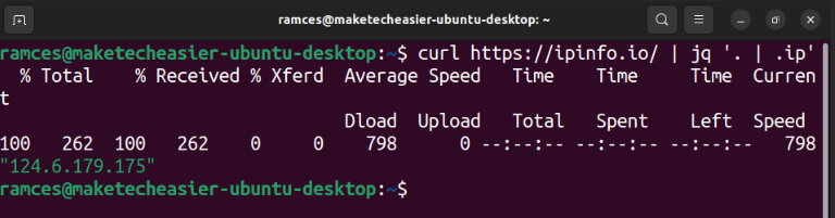 A terminal showing the filtered output of the ipinfo SaaS API through jq.