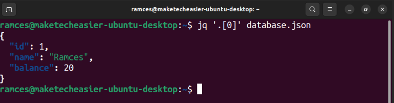 A terminal showing jq printing the first entry in the JSON database.