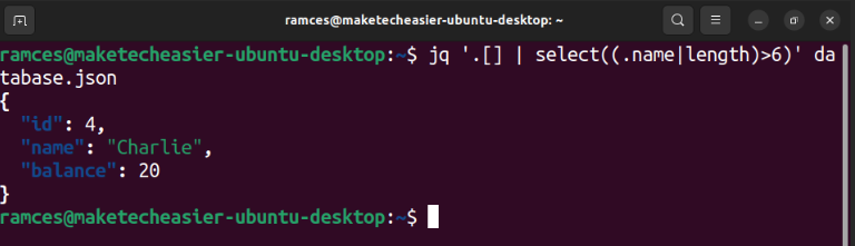 A terminal showing the output of jq with a name length constraint.