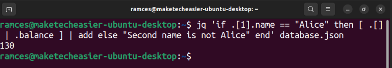 A terminal showing the conditional statement in jq running on the database.