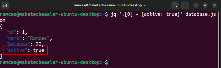 A terminal showing an additional key value on the first database entry.