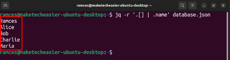A terminal showing the list of names from the database with their formatting stripped.