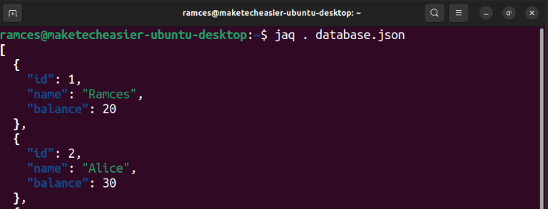A terminal showing jaq running on my sample database.