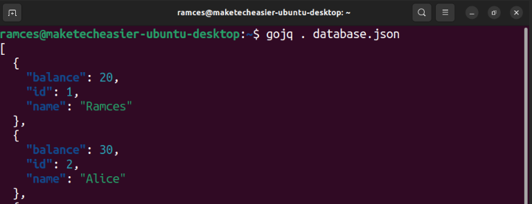 A terminal showing a sample database read for gojq.