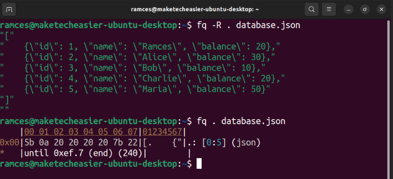 A terminal showing fq reading the sample database file.