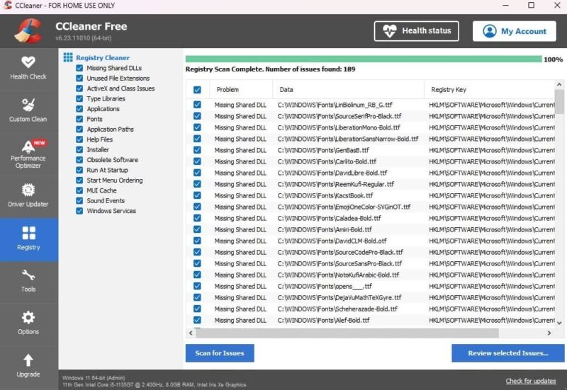 Cleaning the Windows registry with CCleaner.