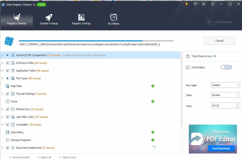 Cleaning the Windows registry with Wise.