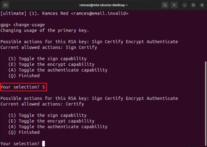 A terminal highlighting the selection prompt for the primary key's capabilities.