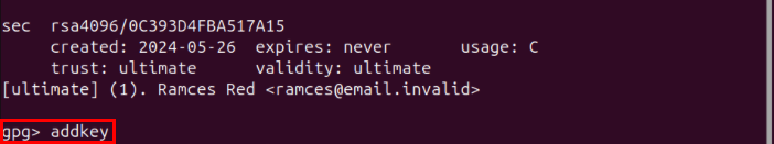 A terminal highlighting the "addkey" keyword on the GPG prompt.