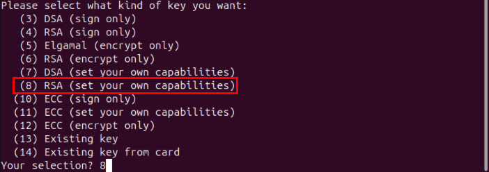 A terminal highlighting the algorithm option for the subkey.