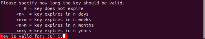 A terminal highlighting the key validity length for the subkey.