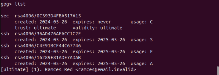 A terminal showing the different subkeys available in the primary key.