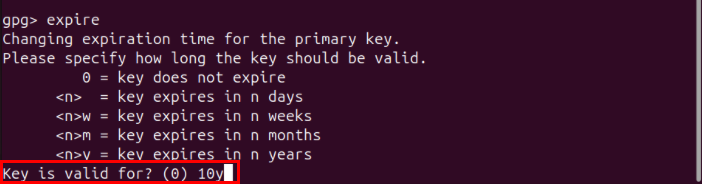 A terminal highlighting the keysize validity prompt for the primary key.
