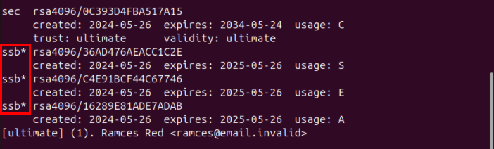 A terminal highlighting the indicator for subkey selection.