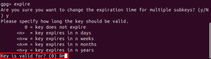 A terminal highlighting the key validity length for batch updating a set of subkeys.