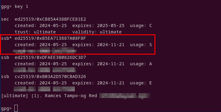 A terminal highlighting the subkey with the "S" usage inside the GPG prompt.