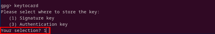 A terminal highlighting the selection prompt for moving the subkey to the security key.