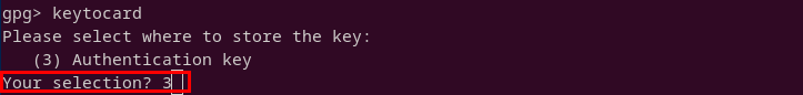 A terminal highlighting the selection prompt for the Authentication subkey and moving it to a security key.