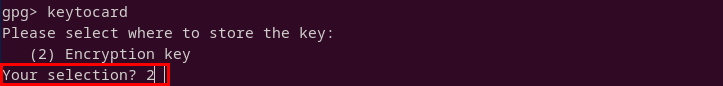 A terminal highlighting the selection prompt for the Encryption subkey and moving it to a security key.
