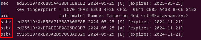 A terminal highlighting the subkey indicator showing that its now available in a security key.