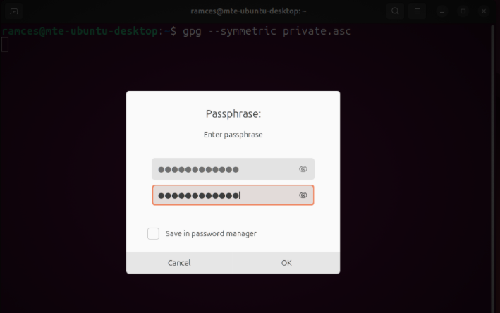 A screenshot showing the password prompt for symmetric encryption in GPG.