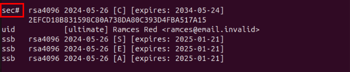A terminal showing that the private doesn't exist anymore inside the GPG keyring.