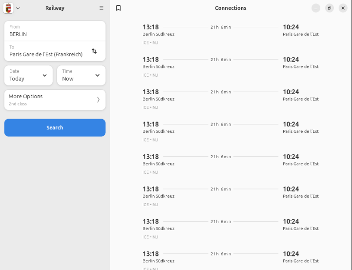 A screenshot showing a sample train timetable in the Railway app.