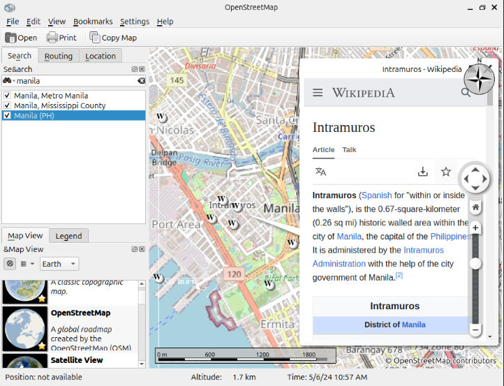 A screenshot showing the Wikipedia entry for Intramuros inside KDE Marble.