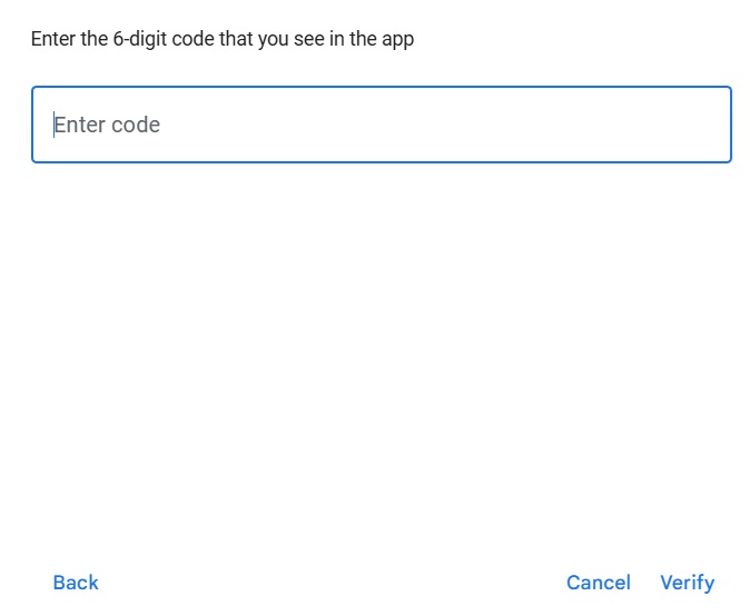 Six-digit code for authentication with Google.