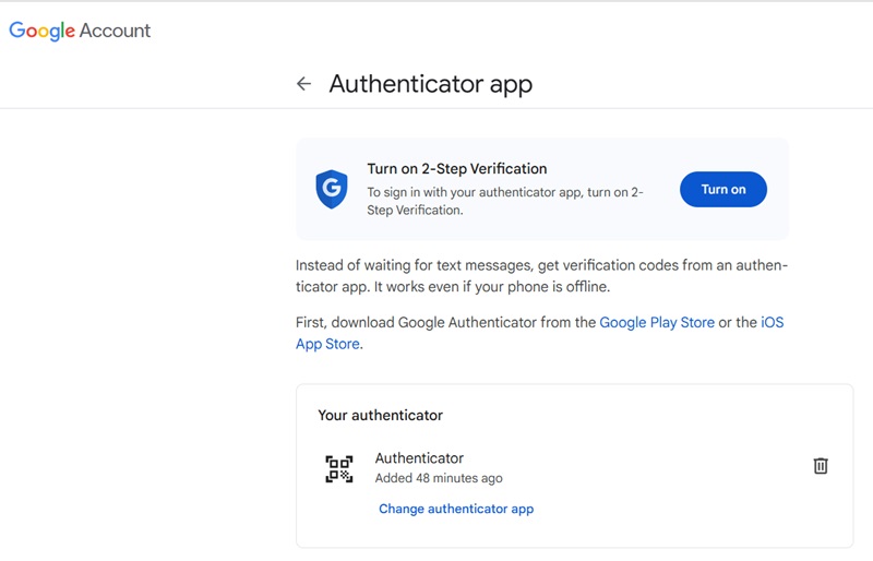 Authenticator added to a Google account.