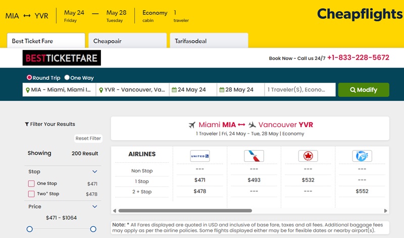 Cheapflights displaying the cheapest airfare between two destinations.