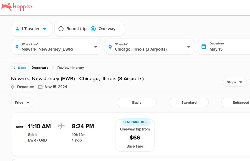 Hopper giving the cheapest flight options between two points.
