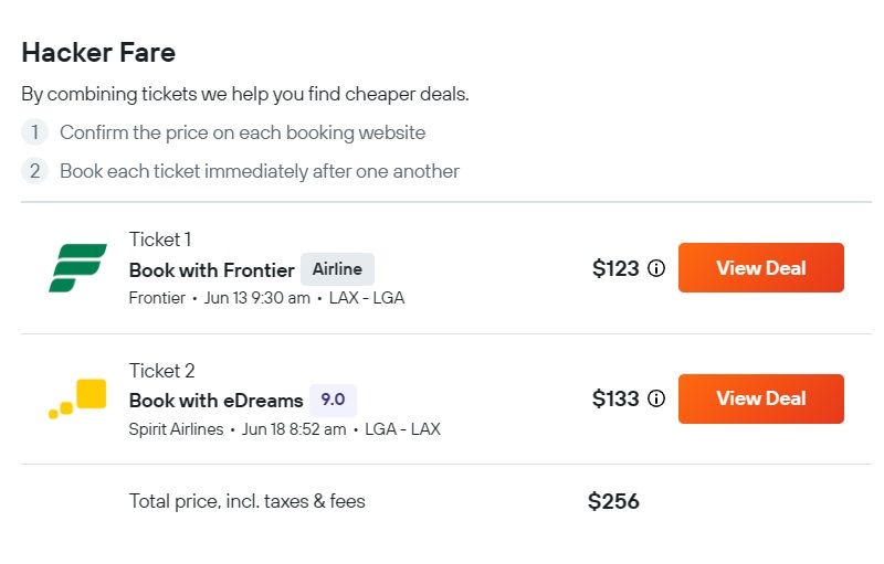 Kayak's Hacker Fares flexibility allows cheap one-way tickets on both sides.