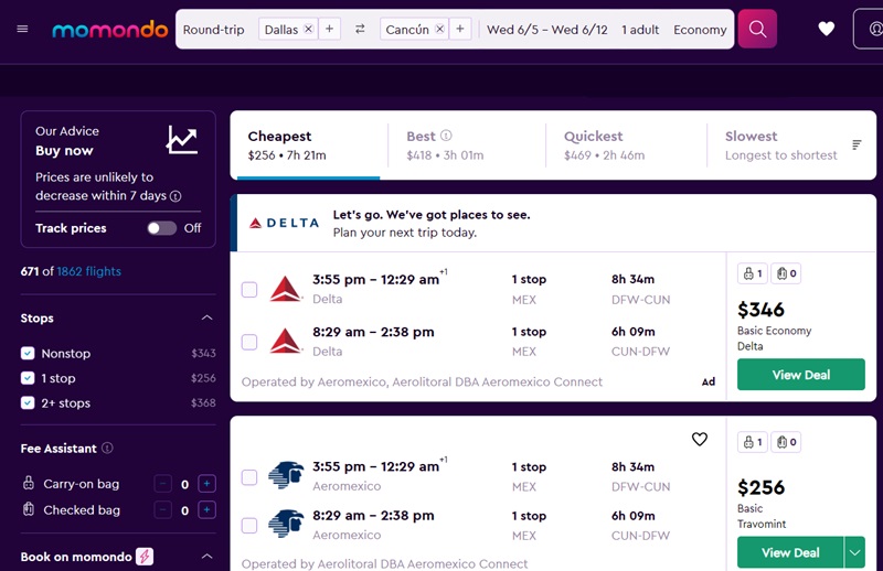 Cheap last minute fares at Momondo.