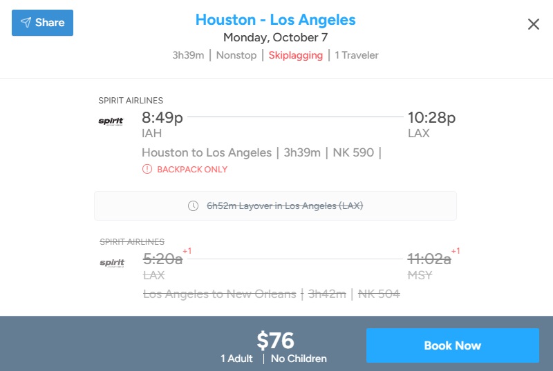 Skiplagged lowest fare for a given route (backpack only prices).