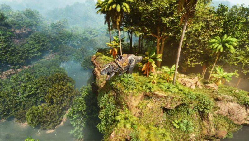 Screenshot from Ark: Survival Ascended showing a dinosaur near a cliff in a forest