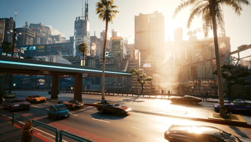 Screenshot from Cyberpunk 2077 showing sunlight on street traffic