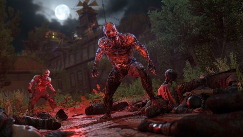 Screenshot from Dying Light 2 showing a zombie at night staring at the protagonist
