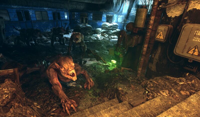 Screenshot of Metro Exodus showing monsters running up a flight of stairs