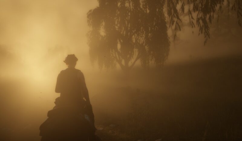 Screenshot from Red Dead Redemption 2 showing a man on a horse riding through fog