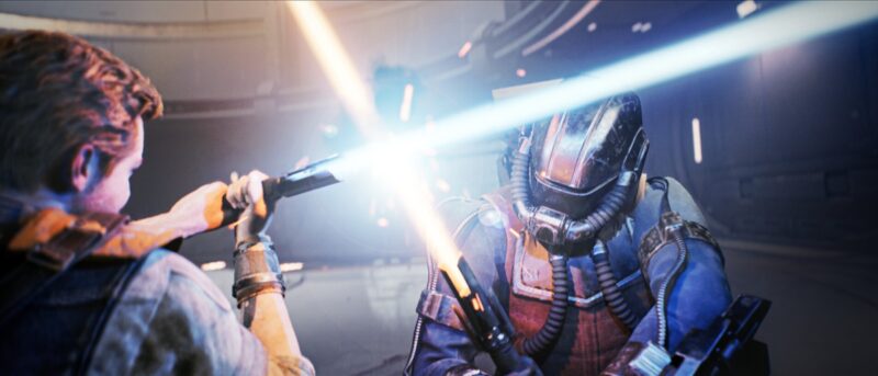 Screenshot from Star Wars Jedi: Survivor showing a lightsaber duel