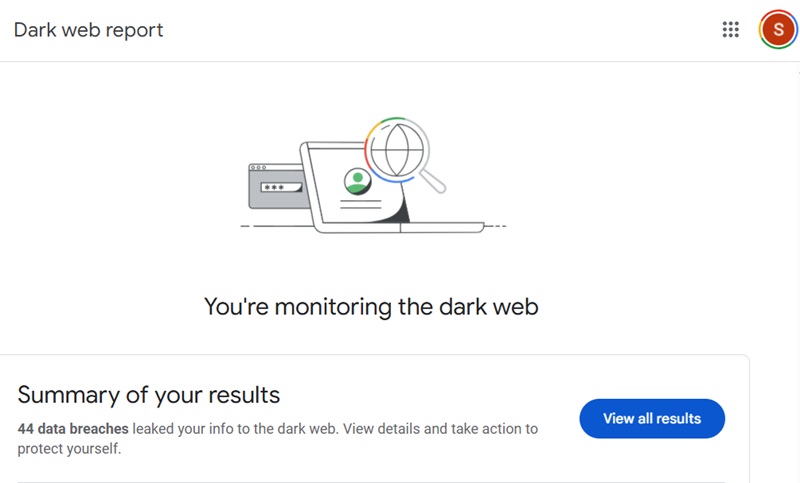 Google's Dark Web Report identifying data breaches on the dark web related to your Google account