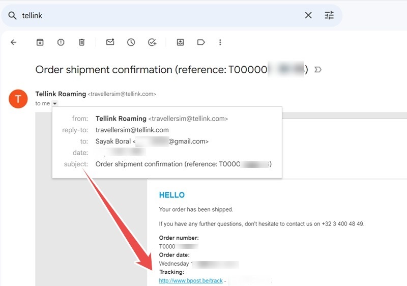 Online delivery confirmation of Tellink, a Europe-wide valid travel SIM card.