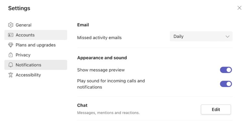 Notification settings in the Microsoft Teams app
