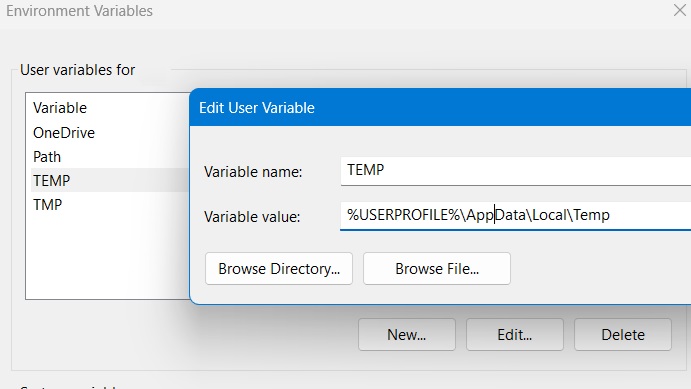 Fix the environment variable for Temp to its default path.