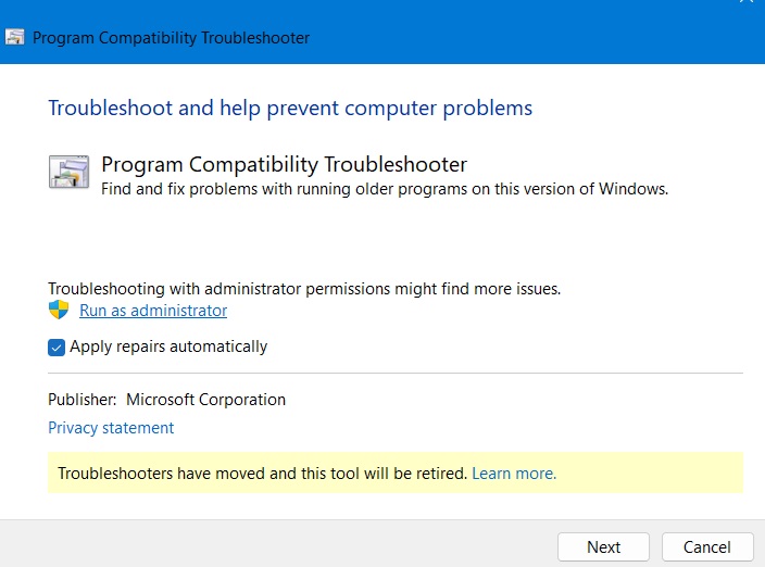 Run the Program Compatibility Troubleshooter and apply repairs automatically.