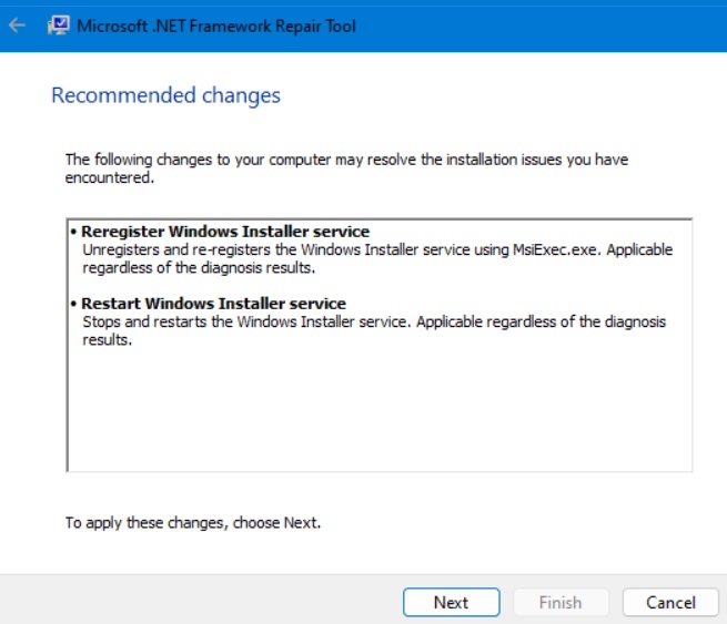 Running the Microsoft .NET Framework Repair tool with recommended changes.